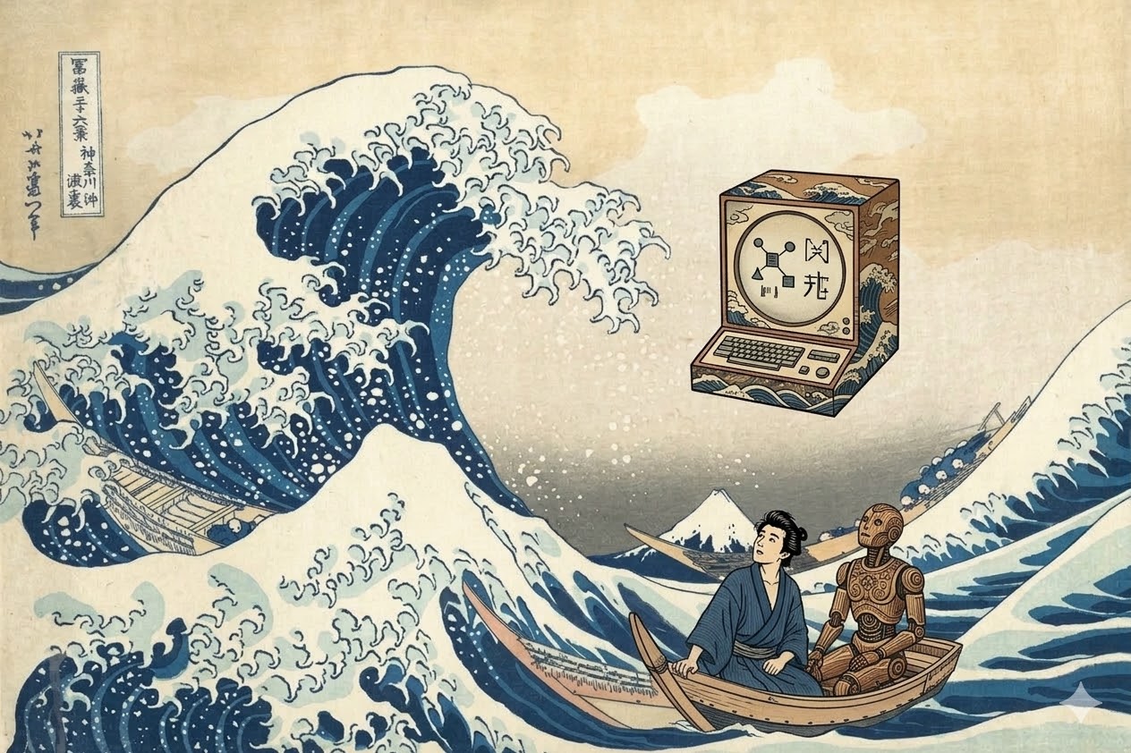 Hokusai-style illustration with a large wave, a person, a robot, and a retro computer above the water.