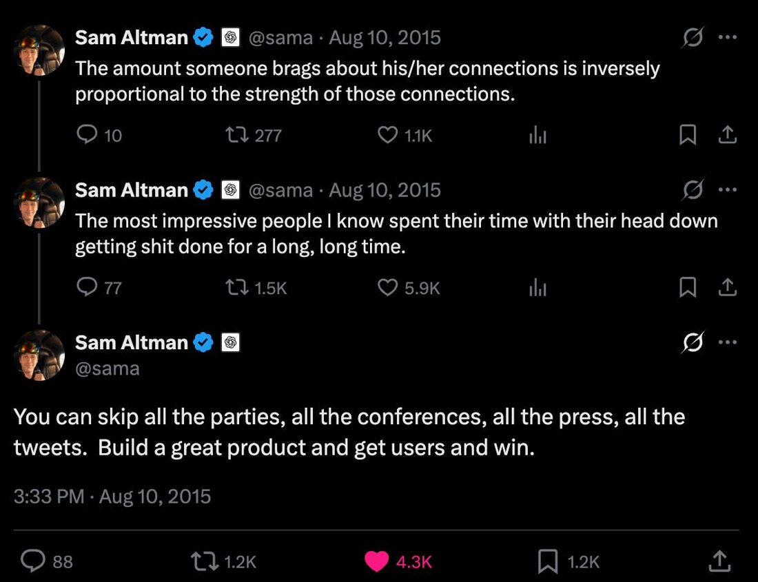 sam altman's 2015 tweets about heads-down building