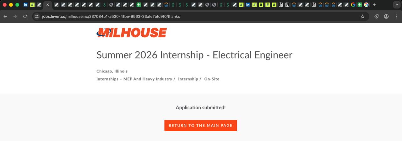 Browser window showing many internship tabs open while the AI-assisted workflow is running.