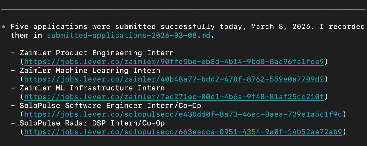 Terminal screenshot showing the first batch of internships submitted successfully.